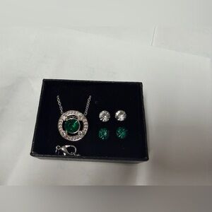 Sparkly Clear/Green Stud Earrings w/ Matching Necklace